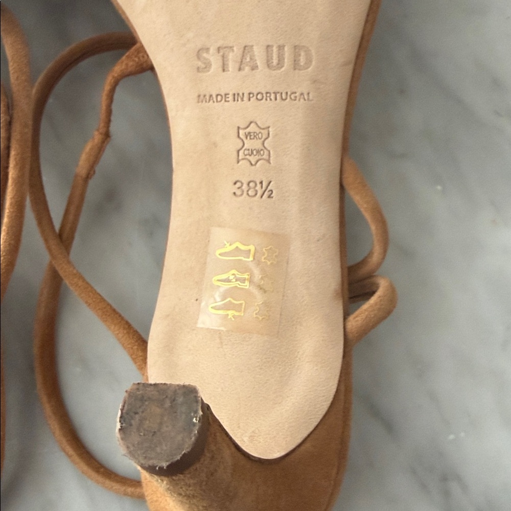 STAUD Tan Suede Strappy Heeled Sandals Rhinestone laurel Crystal heel size 38.5 - Picture 8 of 16